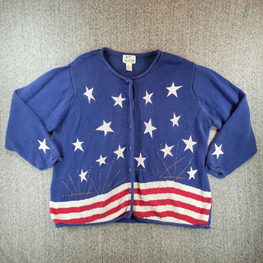 Vintage Quacker Factory Womens 2X Cardigan Sweater Patriotic American Flag Stars